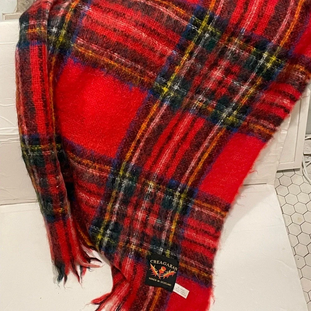 CREAGARAN Vintage Mohair Throw Blanket Tartan Plaid Red Natural Fiber SCOTLAND